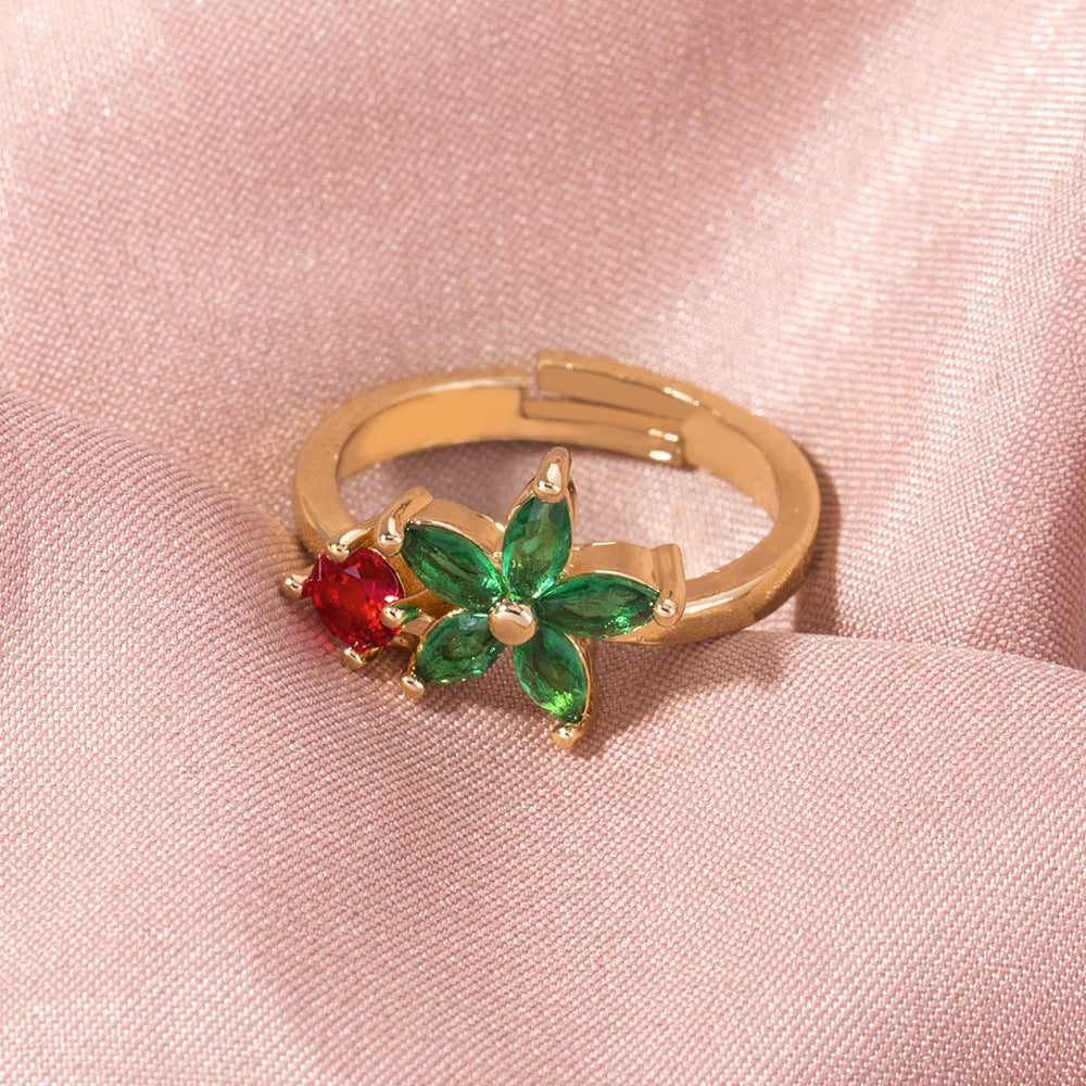Gold Flower Ring Adjustable Copper Zircon Geometric Electroplated Fashion Jewelry for Women Sparkling Zircon Gem