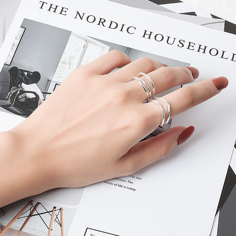 Womens Adjustable Double Layer Geometric Copper Ring Platinum Color Simple Band Fashion Jewelry Elegant Styles