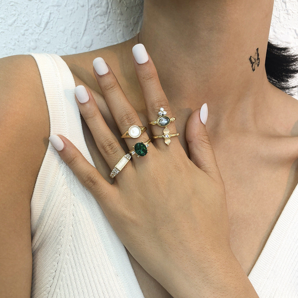 Womens Fashion Ring Set Imitation Diamond Retro Geometric