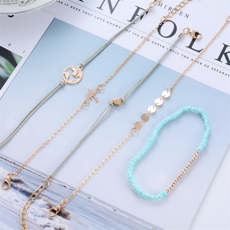 Womens Beaded Geometric Alloy Bracelet Set Five Piece With Electroplated Gold Finish And Coconut Tree Charm Pendant