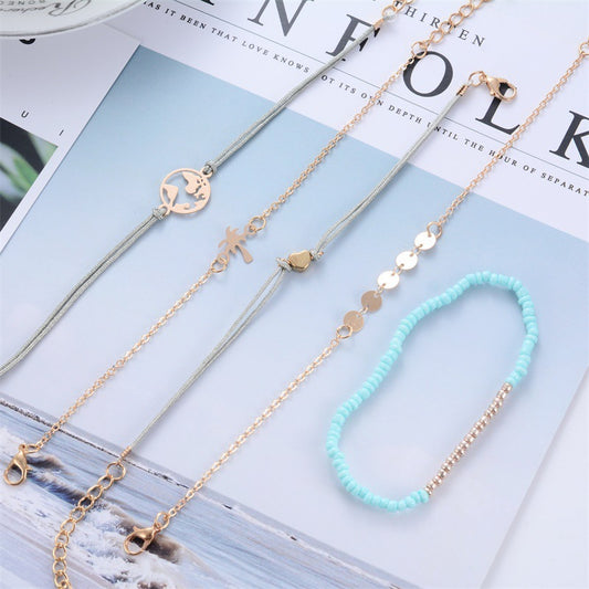 Womens Beaded Geometric Alloy Bracelet Set Five Piece With Electroplated Gold Finish And Coconut Tree Charm Pendant