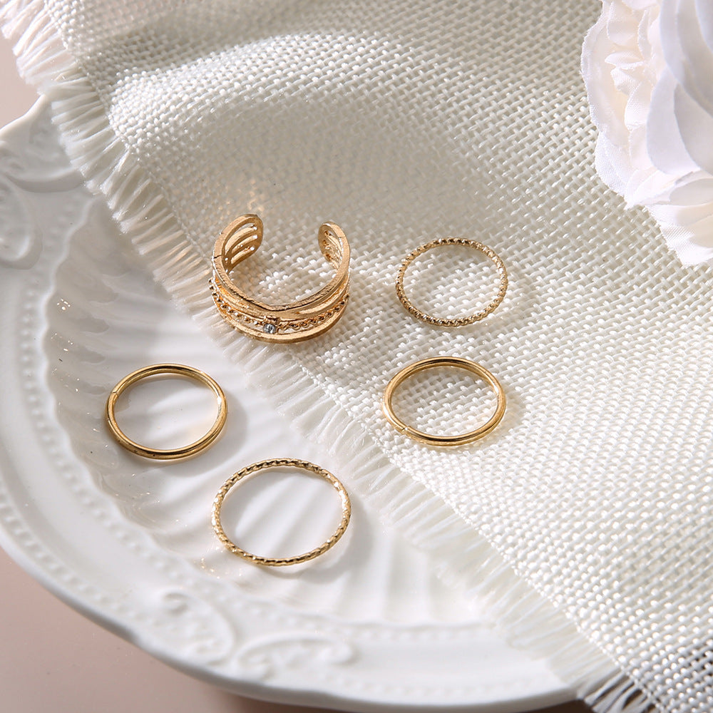 Geometric Ring Set Five Piece Electroplated Alloy With Rhinestones Inlaid Gemstones European Style Jewelry Collection