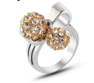 Womens Two Tone Diamond Studded Double Ball Ring Rhinestone Alloy Finger Ring Elegant Fashion Jewelry Gift Idea