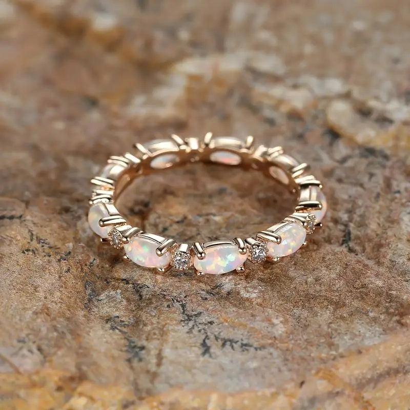 Gold Plated Oval Opal Zircon Eternity Ring For Women Zinc Alloy Jewelry Daily Wear Elegant Accessory Style Lux
