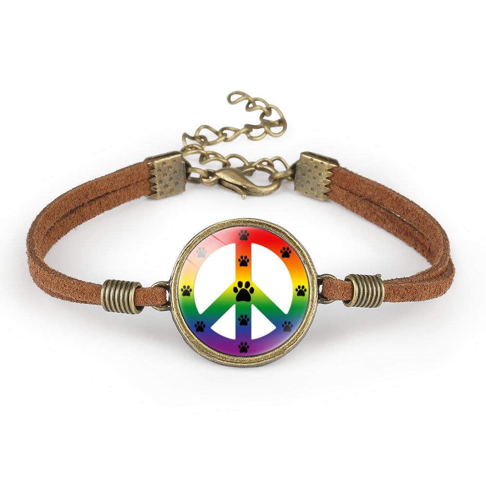 Unisex Leather Bracelet Peace Sign Retro Geometry Pattern With Crystal Inlay And Distressed Finish Packed Gift