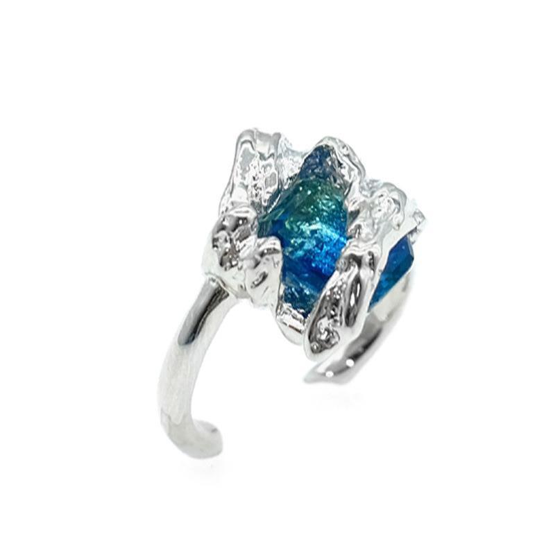 Azure Crystal Geometric Ring Adjustable Gold Plated Alloy Artificial Gemstone Jewelry Fashion Statement Sparkle