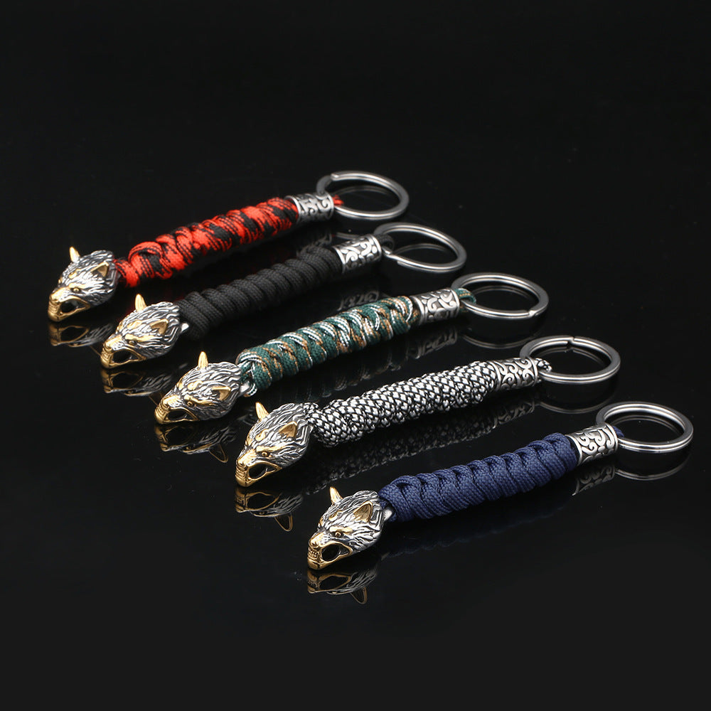 Paracord Key Ring With Wolf Head Beads Stainless Steel Keychain Length 15cm Durable Rope Craft For Outdoor Use
