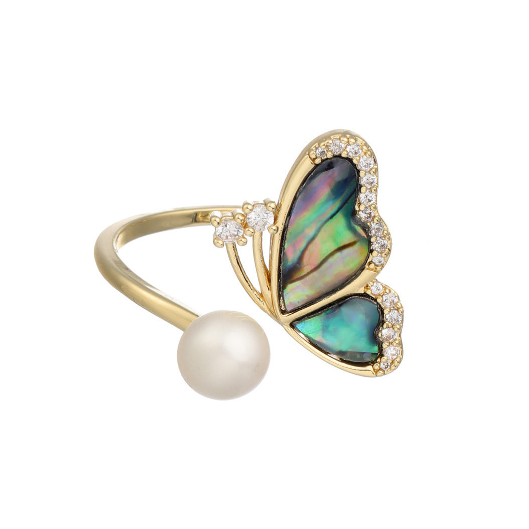 Butterfly Pearl Ring Adjustable Copper Jewelry For Her Gift