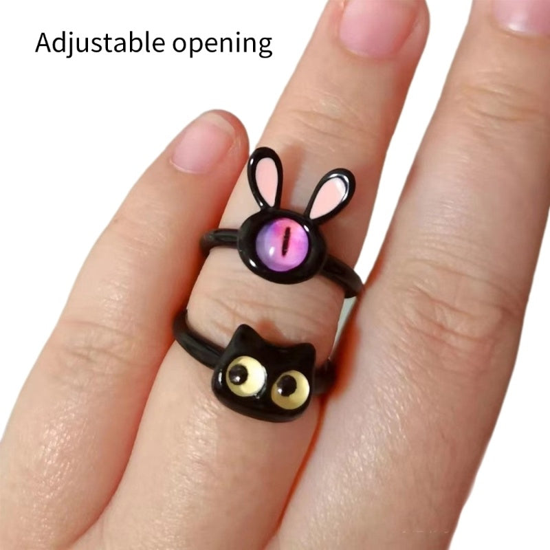 Women's Open Ring Featuring Cute Animal Design Adjustable Alloy Ring With Black Kitty Cat And Cartoon Rabbit Cute