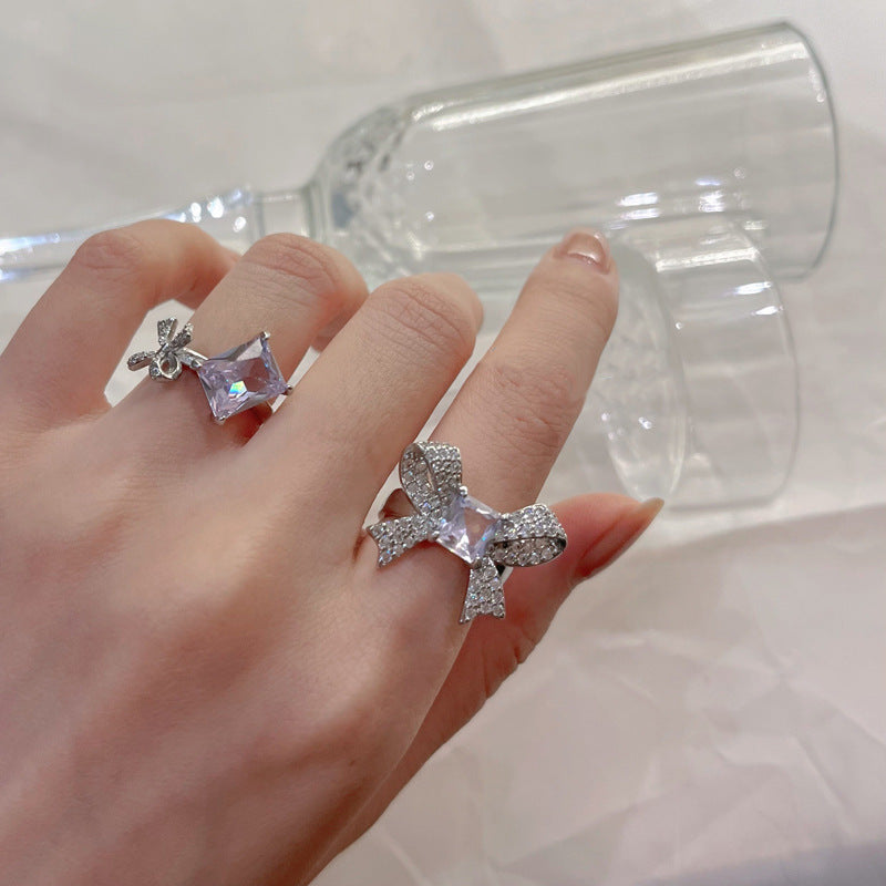Bowknot Ring With Rhinestones Cube Sugar Copper Adjustable