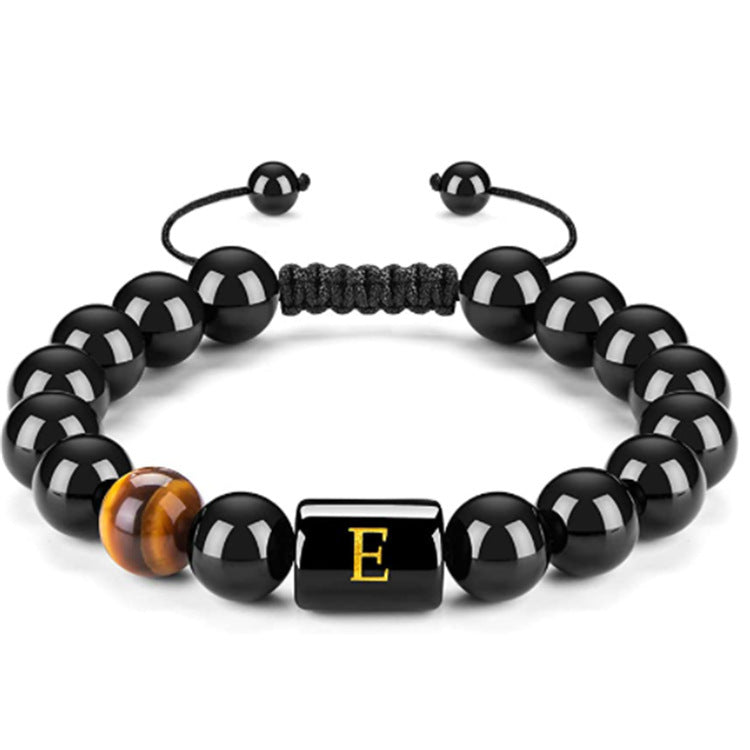 Mens Natural Black Agate 10mm Beads Handmade Initial Letter Bracelet Personalized Gift for Men Letter A Shape Letter