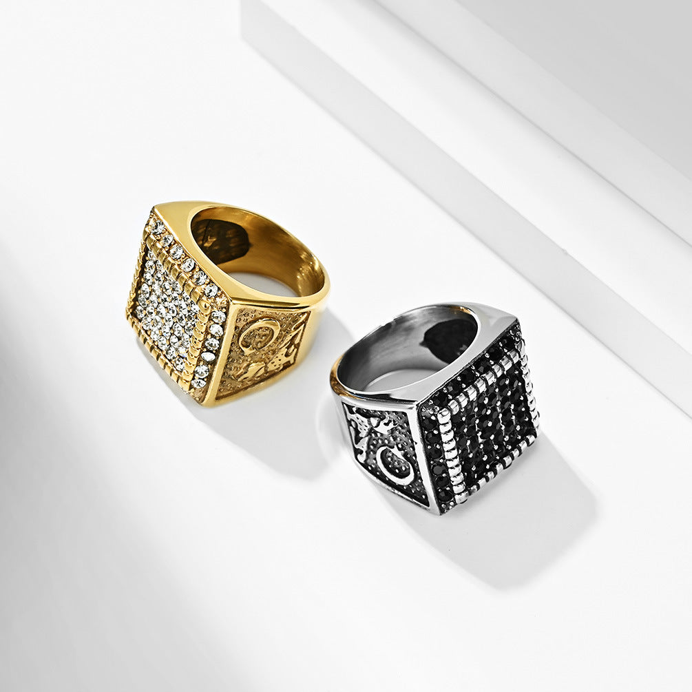 Mens Hip Hop Ring Gold Plated Rhinestone Stainless Steel Geometric Statement Jewelry Unisex Sizes 7 8 9 10 11 12