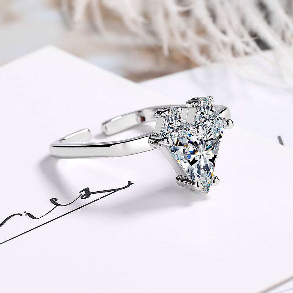 Womens Adjustable Ring Heart Square Inlaid White Gold Copper Jewelry Elegant Fashion Accessory Minimalist Look