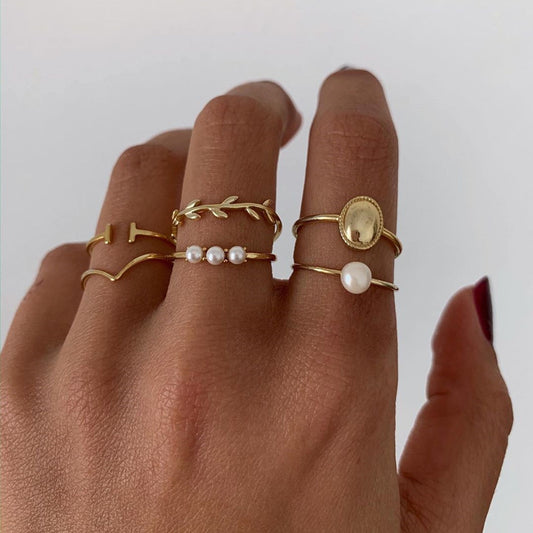 Gold Plated Pearl Leaf Ring Set Of 6 Fashion Rings With Electroplated Leaves Design For Women And Girls Jewelry