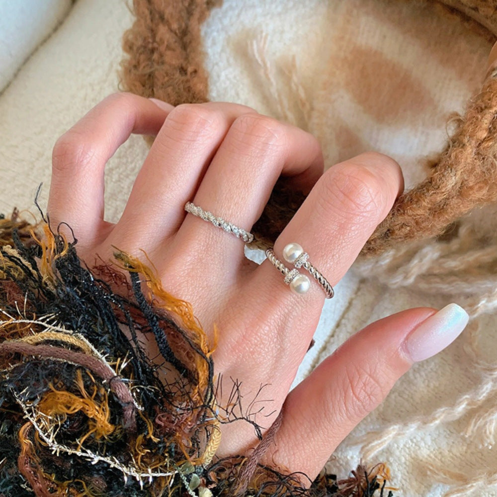 Women's Open Mouth Ring With Double Pearl Copper Ring Electroplating Finish Adjustable Band Jewelry Style Icon