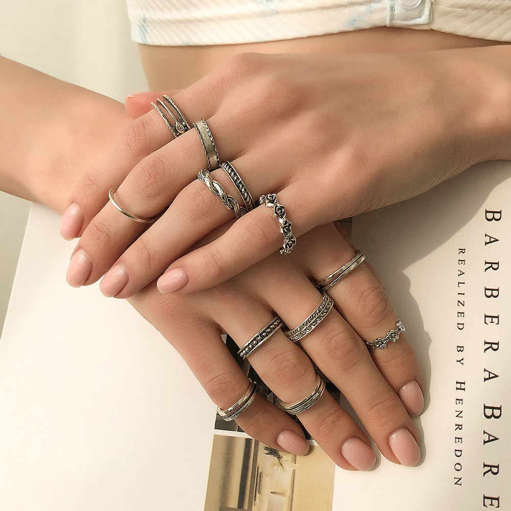 Womens Ring Set 12 Piece Trendy Geometric Imitation White Gold European American Rings Individually Packed Now