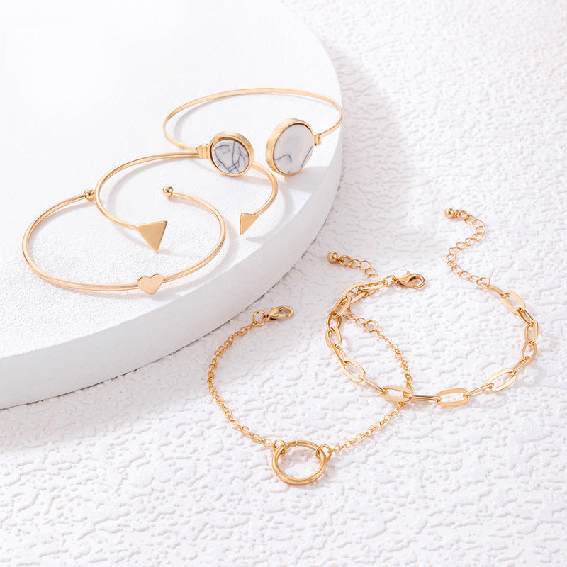 Women Bracelet Set Minimalist Five Piece Open Cuff Bracelets Fashion Alloy Gemstone Inlaid Jewellery For Women