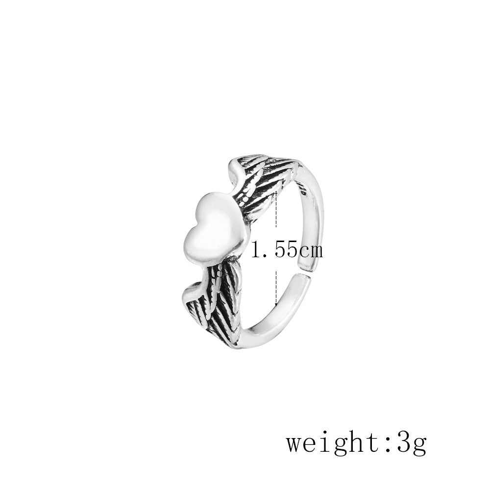 Unisex Heart Angel Wings Ring Adjustable OpeningSize Electroplated Alloy Geometric Ring Silver European Fashion