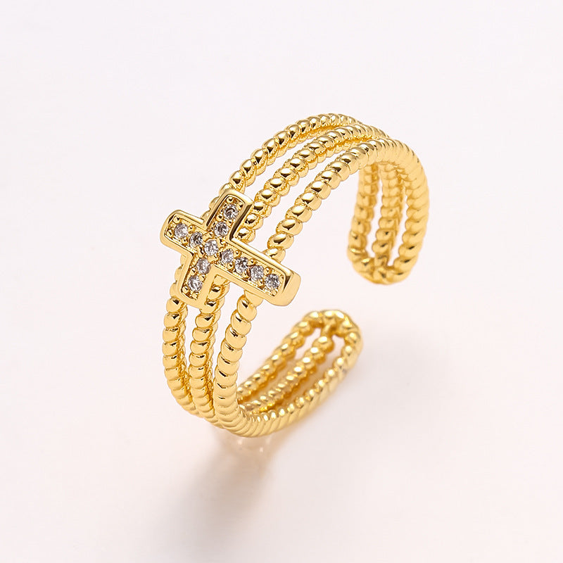 Open Adjustable Copper Ring With 18K Gold Plating Three Layer Hollow Zircon Cross Geometric Design Jewelry For Women