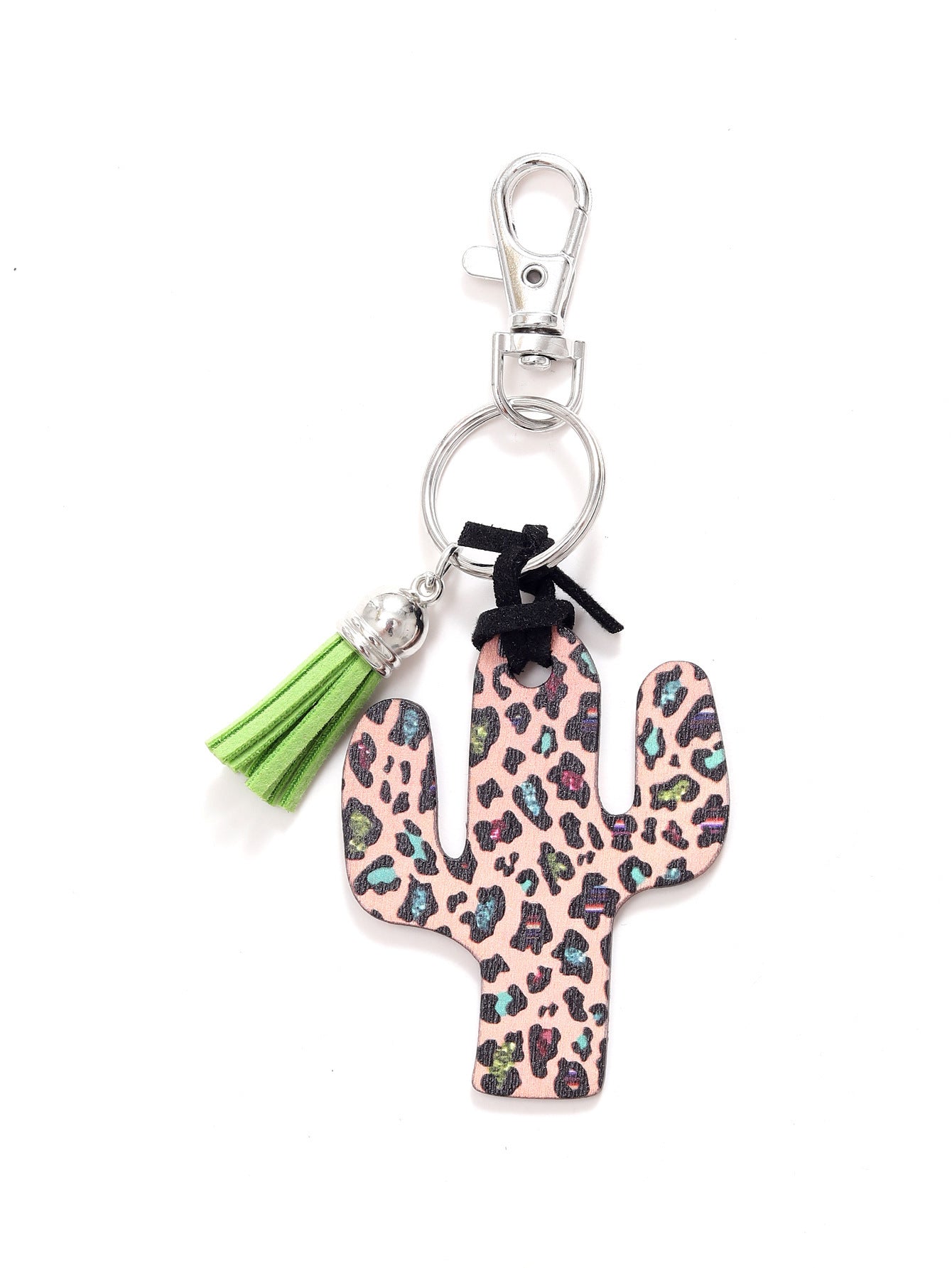 Gray Wooden Keychain Cactus Design With Leopard Flower Accent Durable Key Ring For Women And Girls Pretty Gift