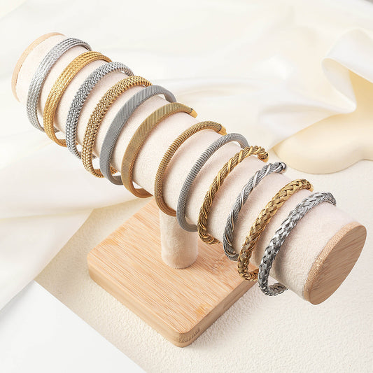 Stainless Steel Woven Bracelet Open Ended Fashion Bangle Electroplated Durable Round Design Accessory Steel And Gold