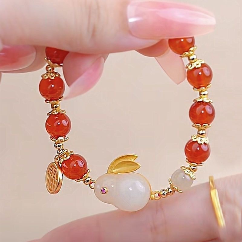 Womens Electroplated Alloy Bracelet Set Trendy Fashion Jewelry Simple Rabbit Shape Bangle Gift Red Yu Stone Charm