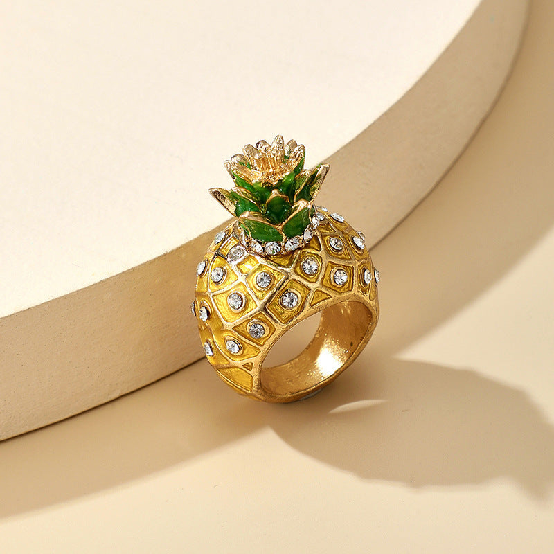 Womens Gold Plated Pineapple Ring 3D Fruit Design Exaggerated Personality Ring Fashion Jewelry Statement Rings