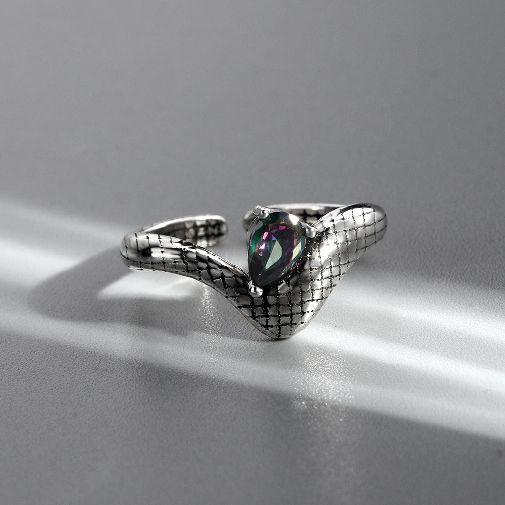 Womens Retro Snake Ring Colorful Zircon Inlaid Copper Gold Plated Adjustable Opening Statement Jewelry Or Gift