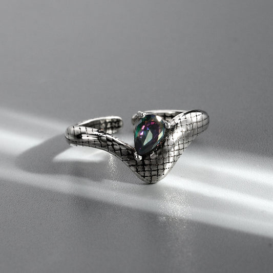 Womens Retro Snake Ring Colorful Zircon Inlaid Copper Gold Plated Adjustable Opening Statement Jewelry Or Gift