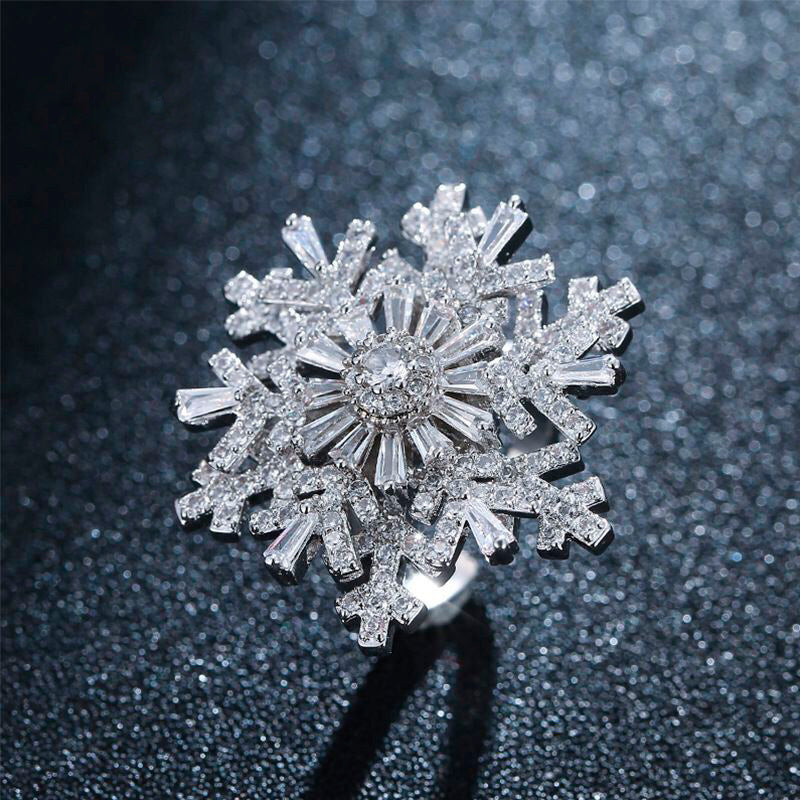 Rotating Double Layered Snowflake Ring Adjustable Opening Copper Jewelry Featuring Gems Inlaying Retro Designs