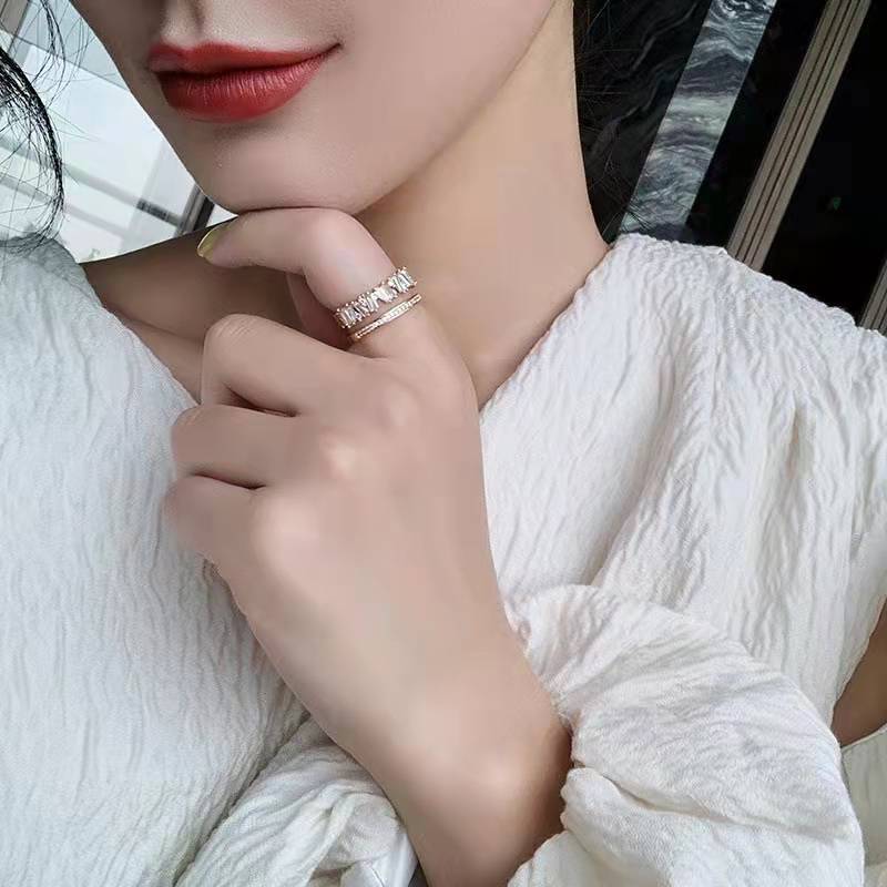 Womens Double Layer Open End Irregular Ring Copper Geometric Design With Zircon Round Accent Jewelry Chic Look