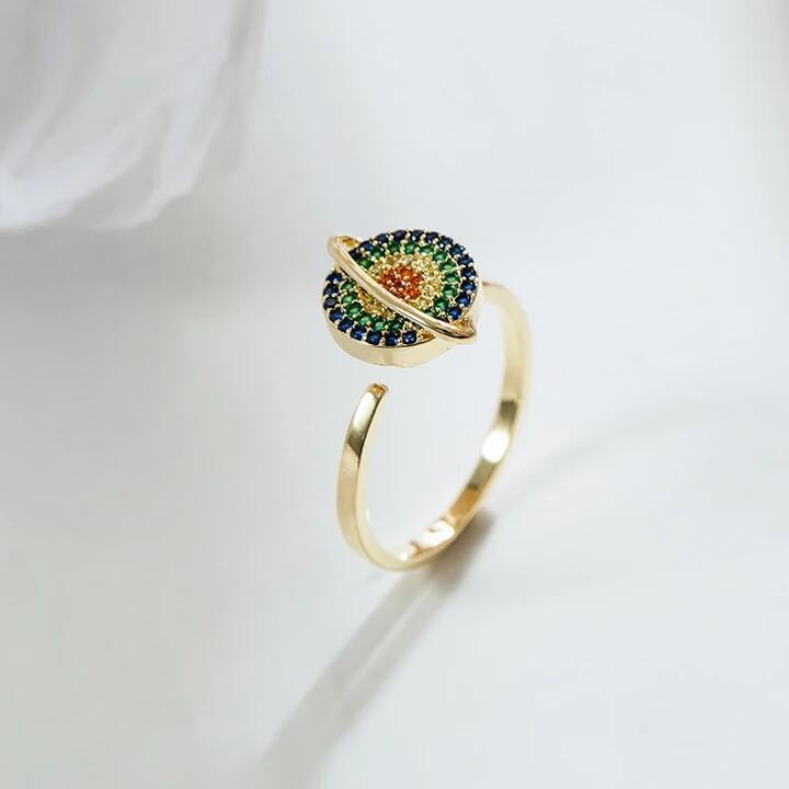 Personalized Planet Opening Ring For Women Copper Gold Plated Adjustable Rotating Gem With Geometric Planet Design