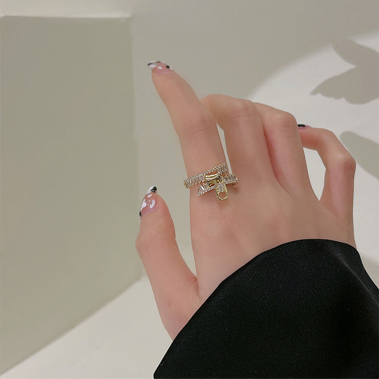 Gold Zircon Forefinger Ring Zip Open Design Open Mouth Copper Jewelry Adjustable Geometric Ellipse Pearl Accent