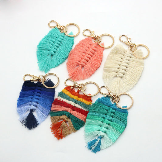 Handwoven Key Chain With Tassel And Leaf Pendant Cotton Rope Key Chain Accessory Unisex Bag Charm Beige Modern