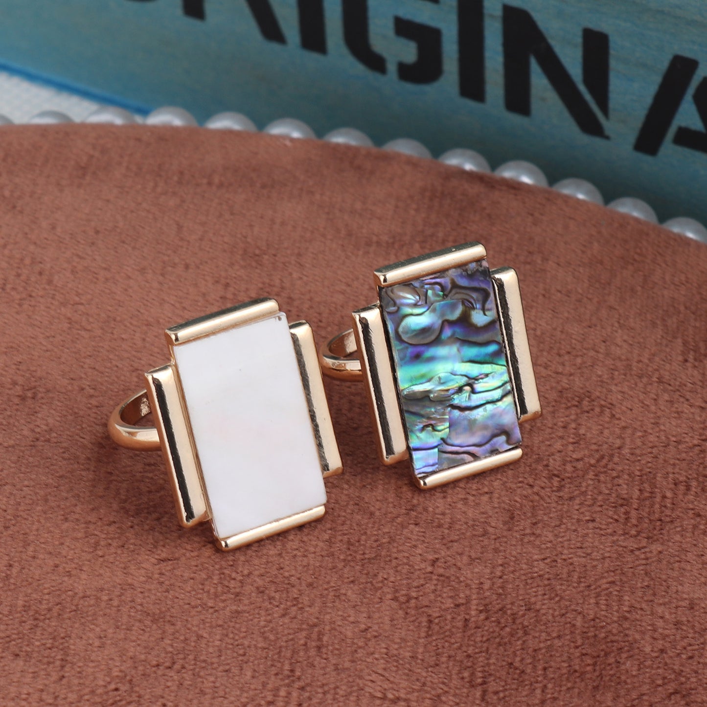 Rectangular Abalone Shell Inlaid Ring Geometric Design