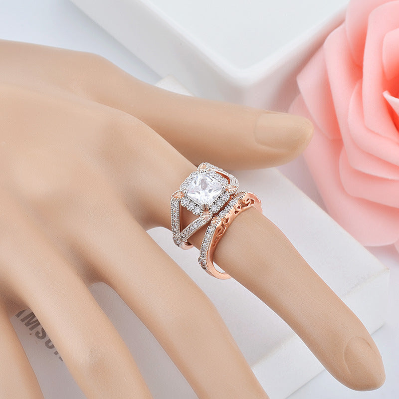 Two Piece Ring Set for Women Fashion Jewelry Copper Ring with AAA Zircon Stones Polished Surface Elegant Girls Everyday