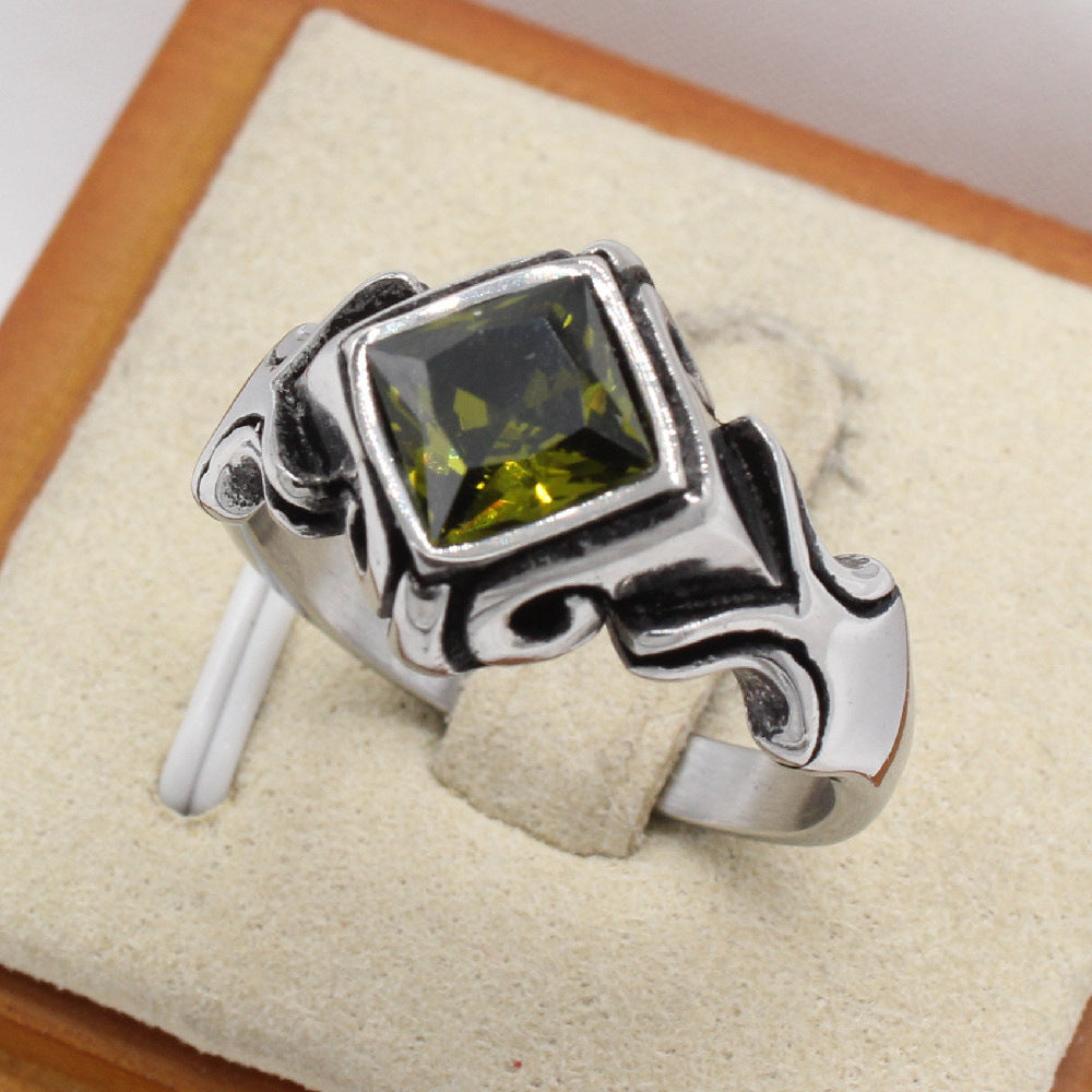 Titanium Steel Ring With Red Stone Retro Gem Accents