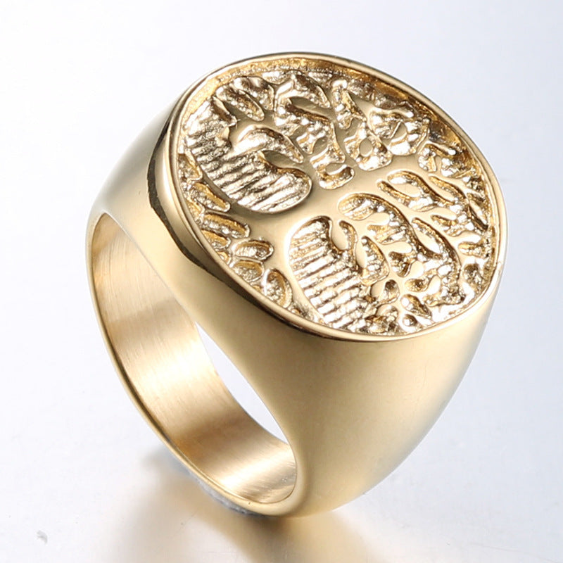 Mens Tree Of Life Ring In Golden Titanium Steel Fashion Punk Style With Geometric Ornament For Everyday Wear Gift