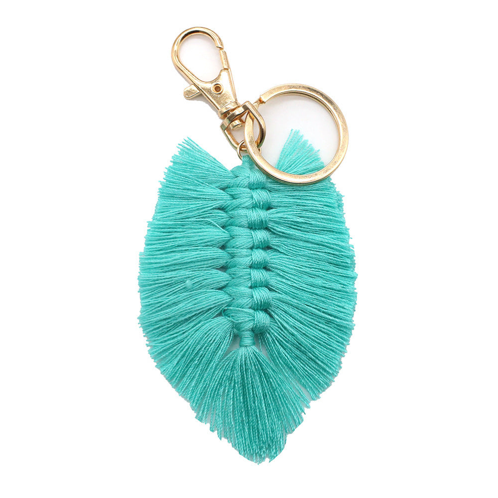 Handwoven Key Chain With Tassel And Leaf Pendant Cotton Rope Key Chain Accessory Unisex Bag Charm Beige Modern