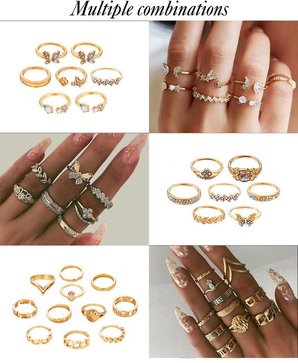 Unisex Fashion Rings Set Retro Portrait Gold Coin Cross Butterfly Pattern Alloy Jewelry Collection Pack Travel