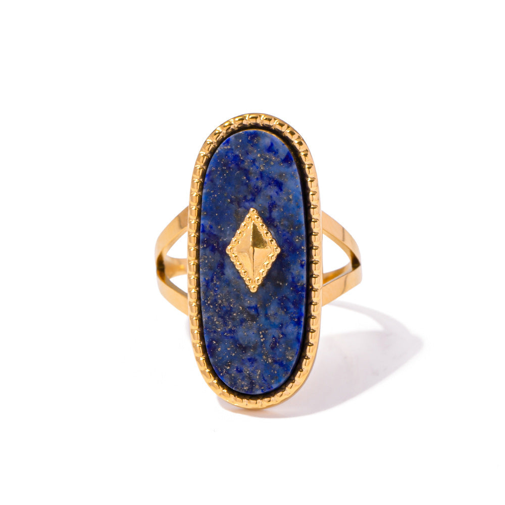 Womens Inlaid Lapis Ring Vintage Inspired Court Ring High Grade Titanium Steel Ring Electroplated Open Ring Geometric Statement Ring Ins Style Jewelry