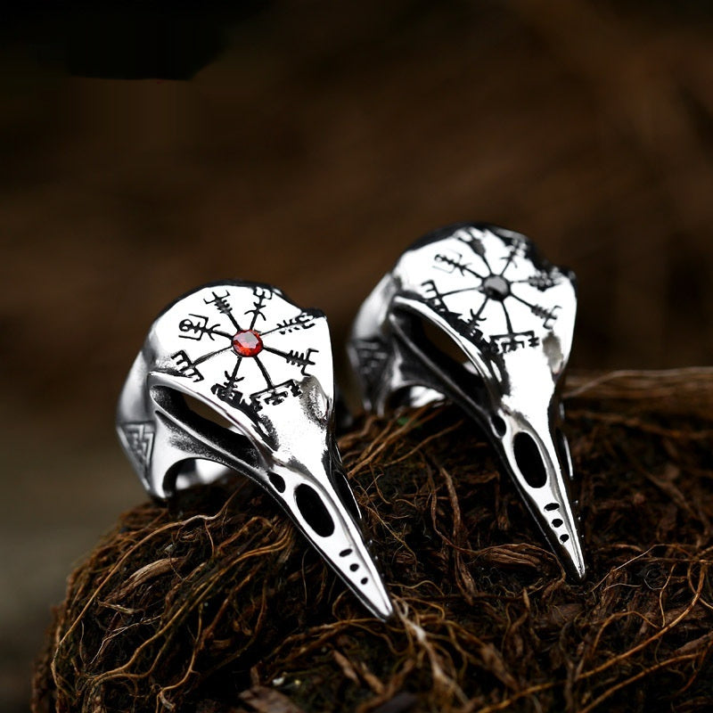Men's Viking Crow Ring with Inlaid Jewel Vintage Compass Design Titanium Steel Animal Retro Ring for Him Fashion Jewelry Gift