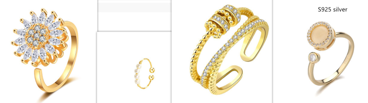 Womens Adjustable Ring Cat Eye Moonstone Rotatable Copper Band Little Golden Ball Korean Fashion Ring Style Cat Style