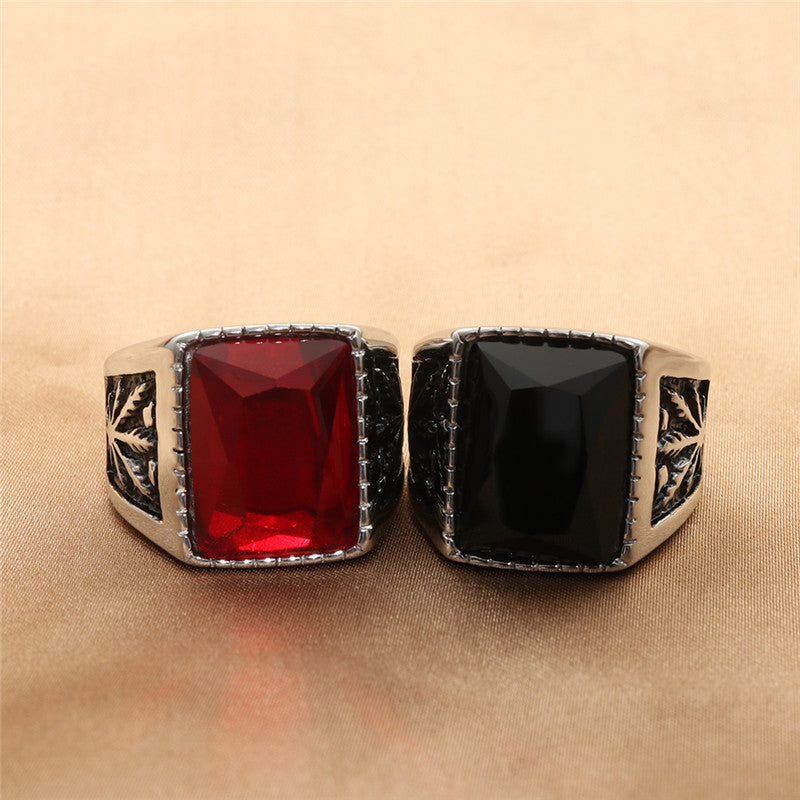 Titanium Steel Leaf Gemstone Retro Stainless Steel Square Ring