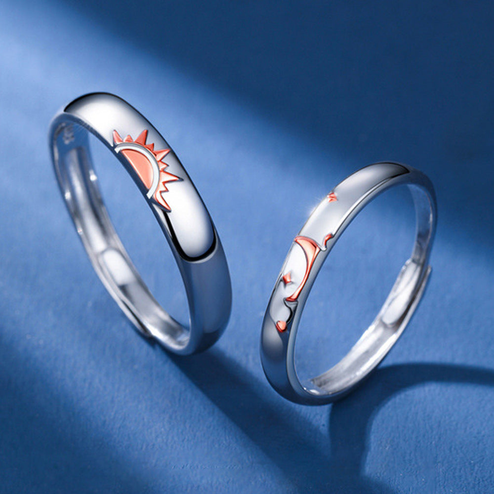 Sterling Silver Geometric Couple Rings With Zirconia Inlay Open Polished Electroplated Matching Wedding Bands Set