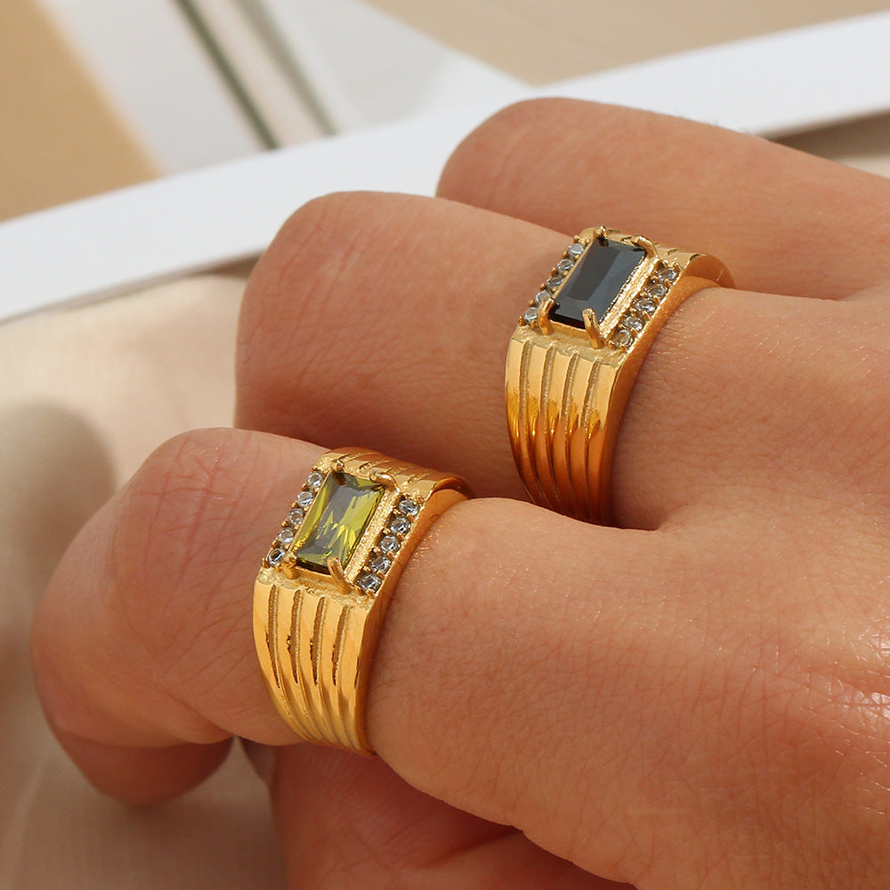 Stainless Steel Ring With Geometric Zircon Inlay For Women Black Green Diamond Jewelry For Everyday Wear Daily