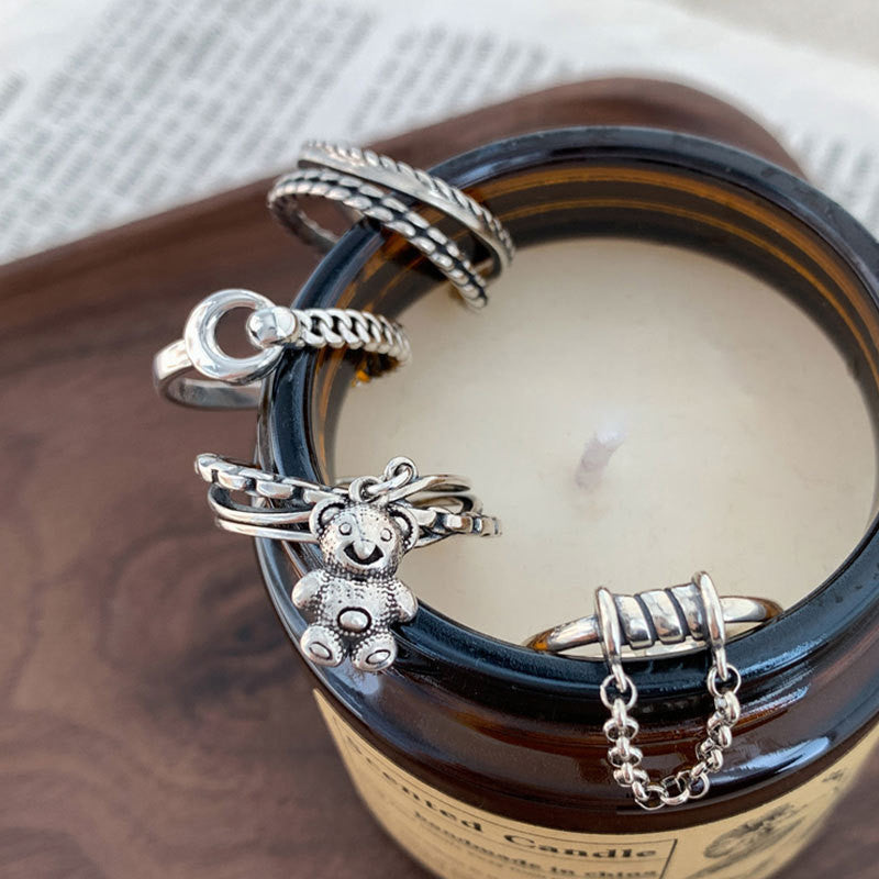 Thai Silver Geometric Chain Ring For Women And Girls Korean Retro Style Jewelry Non Inlaid Gift For Daily Wear