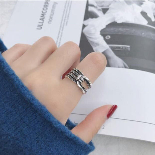 Womens Ancient Silver Ring Multi Layer Line Knotting Ring Wide Face Ring Fashion Jewelry Ring For Girls And Women
