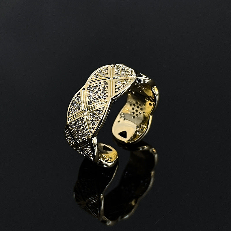 Copper Ring Exquisite Wide Version Korean Style Gold Plated Inlaid Zircon Adjustable Ring For Women Elegant Accessory