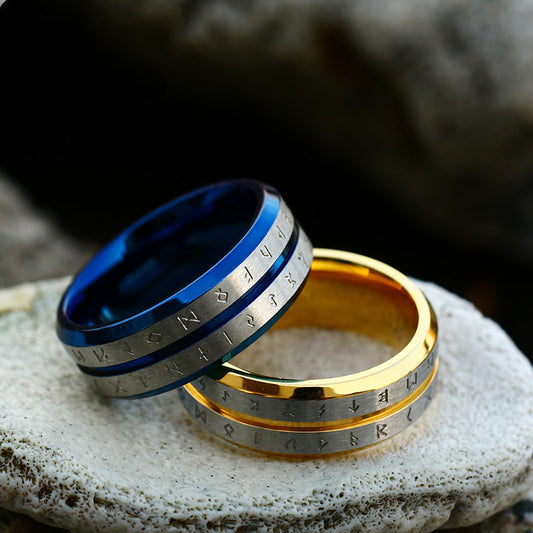 Unisex Stainless Steel Viking Letters Ring With Gold And Blue Finishes 6mm 8mm Jewelry Sizes 7 8 9 10 11 12 13